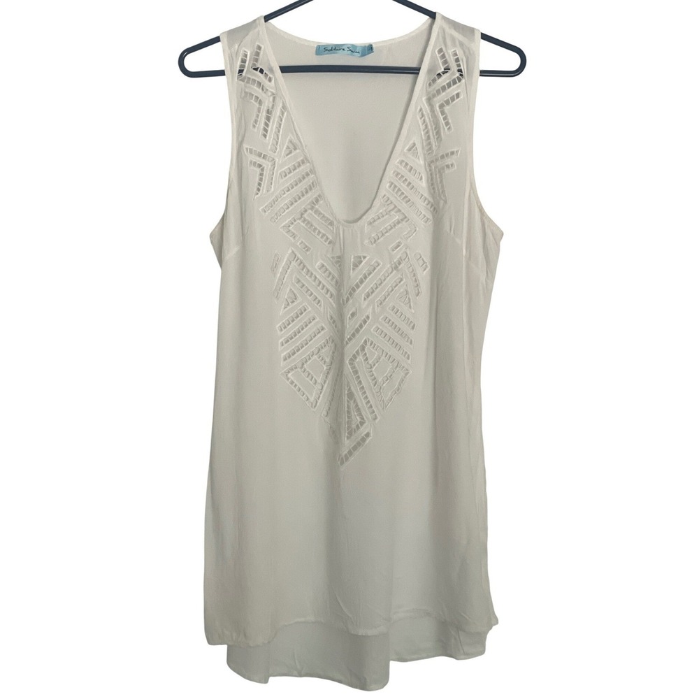 Solitaire Swim Womens Beach Cover Up‎ Cut Out V-Neck L White Boho Resort